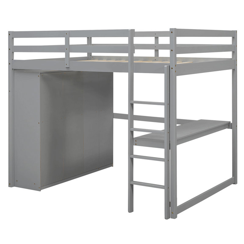 Lit mezzanine double en bois avec garde-robe intégrée, bureau, tablettes de rangement et tiroirs, Gris