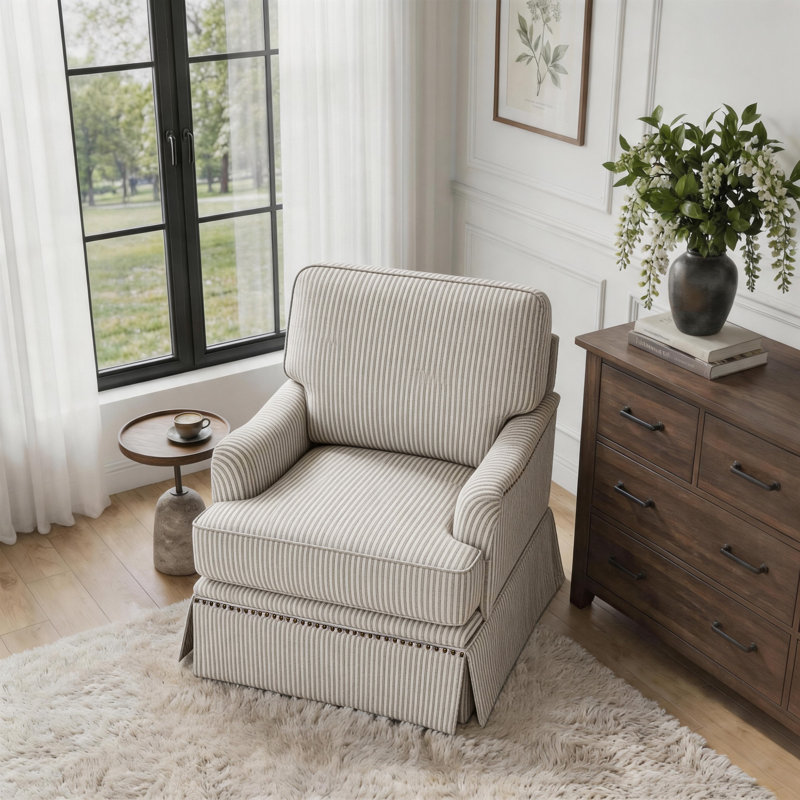 Upholstered Swivel Accent Chair with Skirted Design and Nailhead Trim, Pinstripe Coffee Chenille