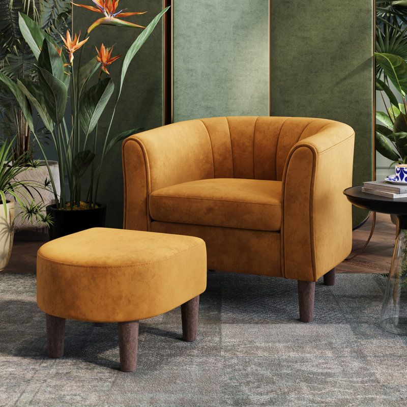 Torrence 31.7'' Upholstered Barrel Chair with Ottoman, 26.8" H x 31.7" W x 26.8" D, Capri Yellow Velvet