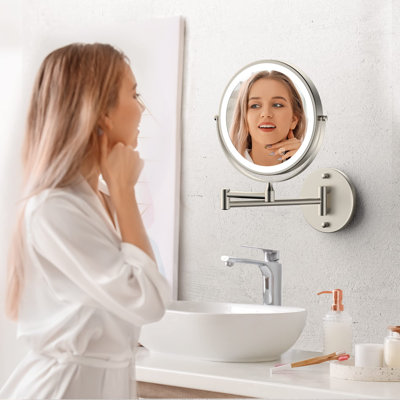 Rechargeable Wall Mounted Lighted Makeup Mirror, 8 Inch Double-Sided LED Vanity Mirror 1X/10X Magnification,3 Color Lights Touch Screen Dimmable 360°Swivel 13 Inch Extendable