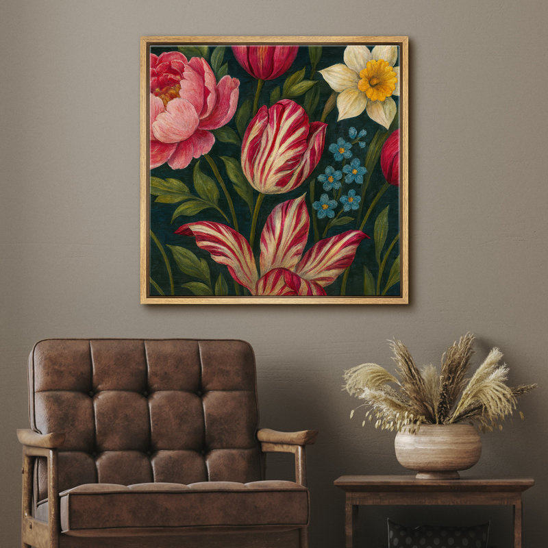 Arrangement floral de tulipes rouges et pivoines rouges rétro - impression sur toile encadrée, H 16 po x l 16 po x P 1,5 po