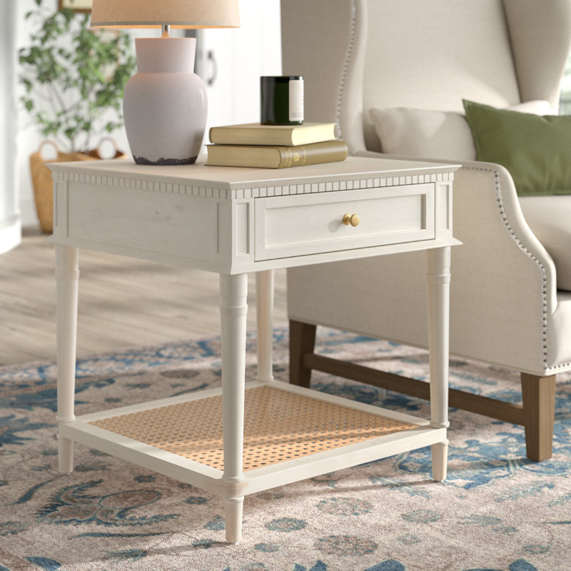 Ayleena Solid Wood End Table with Drawer and Woven Cane Storage Shelf, White