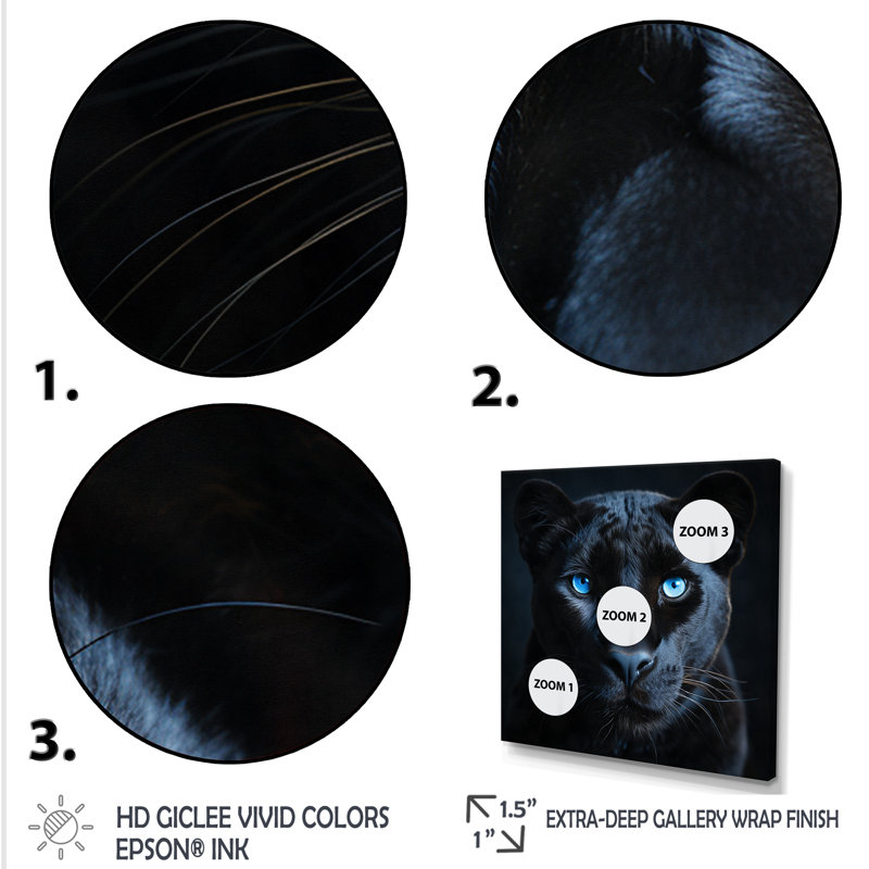 «Blue and Black Panther Portrait II» - art mural animal de panthère, 44" H x 44" W, Toile tendue