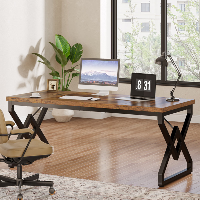 Metal Base Computer Desk, Brown, Black