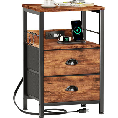 End Table With Charging Station, Nightstand With Fabric Drawers, Side Table With USB Ports & Outlets, Night Stand With Storage Shelf & Hooks, For Living Room/Bedroom, Rustic Brown