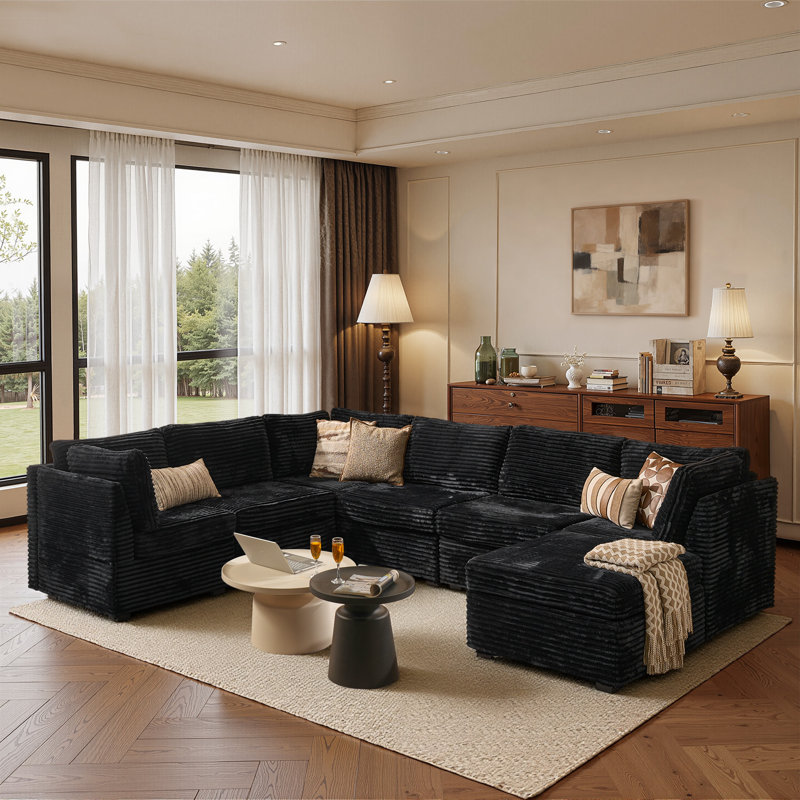 Nathasa 7-Piece Upholstered Corduroy Sectional, Black Corduroy