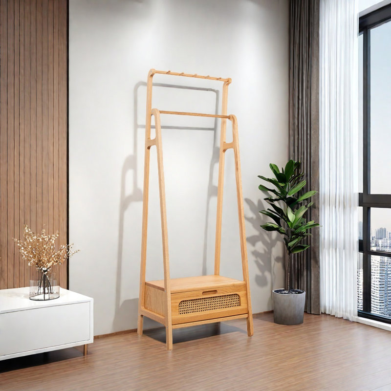 Imported Oak Coat Rack Drawer Storage