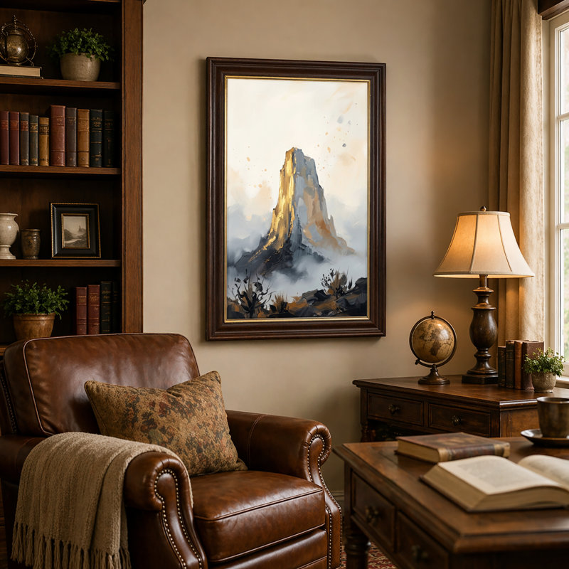 Art mural antique sur toile encadré doré pour le salon, la chambre à coucher, le bureau ou le vestibule - décoration murale décorative avec sommet de montagne