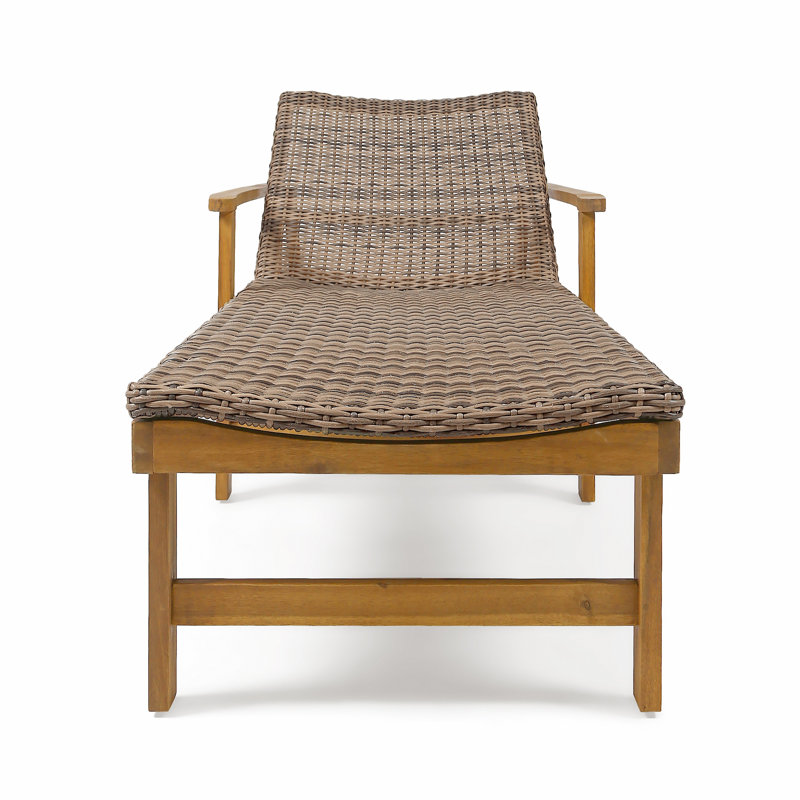 Outdoor Chaise Lounge With Adjustable Backrest In Natural Acacia Wood And Wicker, Brown