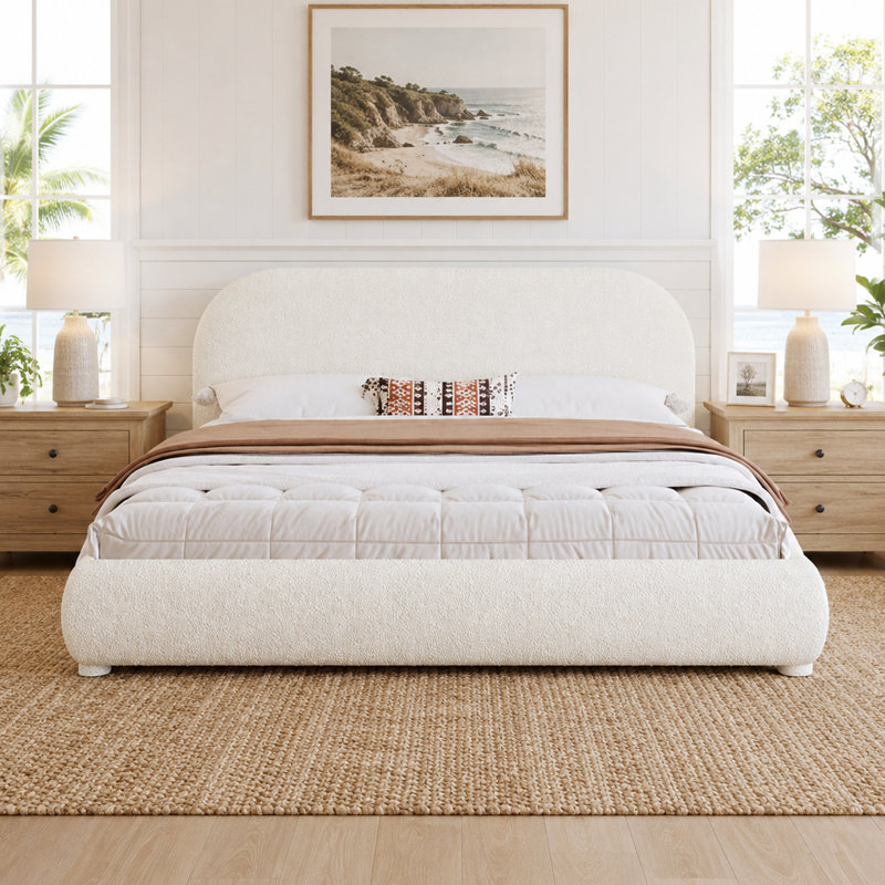 King Upholstered Platform Bed with Curved Headboard, King, Cream