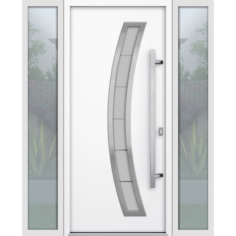 Porte d'entrée extérieure prémontée en acier Deux 6500 blanche, 2 fenêtres latérales extérieures, inserts en acier inoxydable, style moderne, peinte - L 14 + 36 + 14 x H 80 - Ouverture à gauche vers l'intérieur