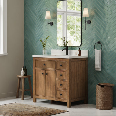 Meuble-lavabo simple Rian de 91 cm (36 po) en noyer grillé, comptoir en quartz blanc, lavabo carré encastré (1 trou), garniture noire mate
