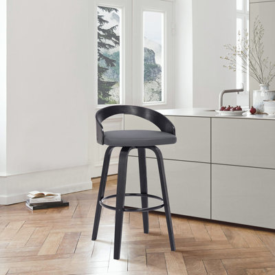 Maxime Swivel Counter or Bar Height Bar Stool with Open Low Back in Faux Leather and Wood