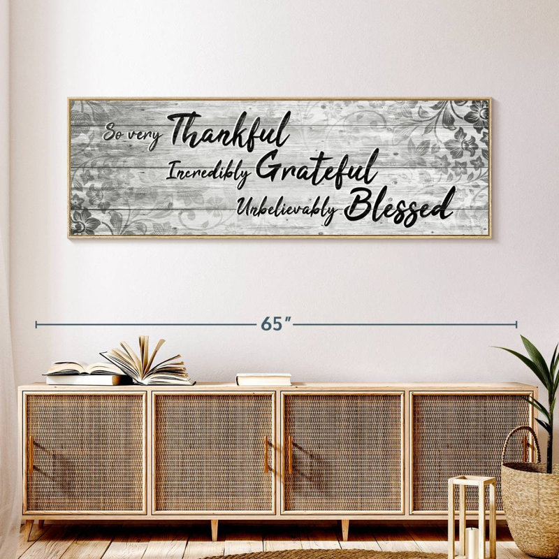 Plaque murale «Thankful Grateful Blessed IV», Cadre flottant en bois naturel, 57 po x 19 po