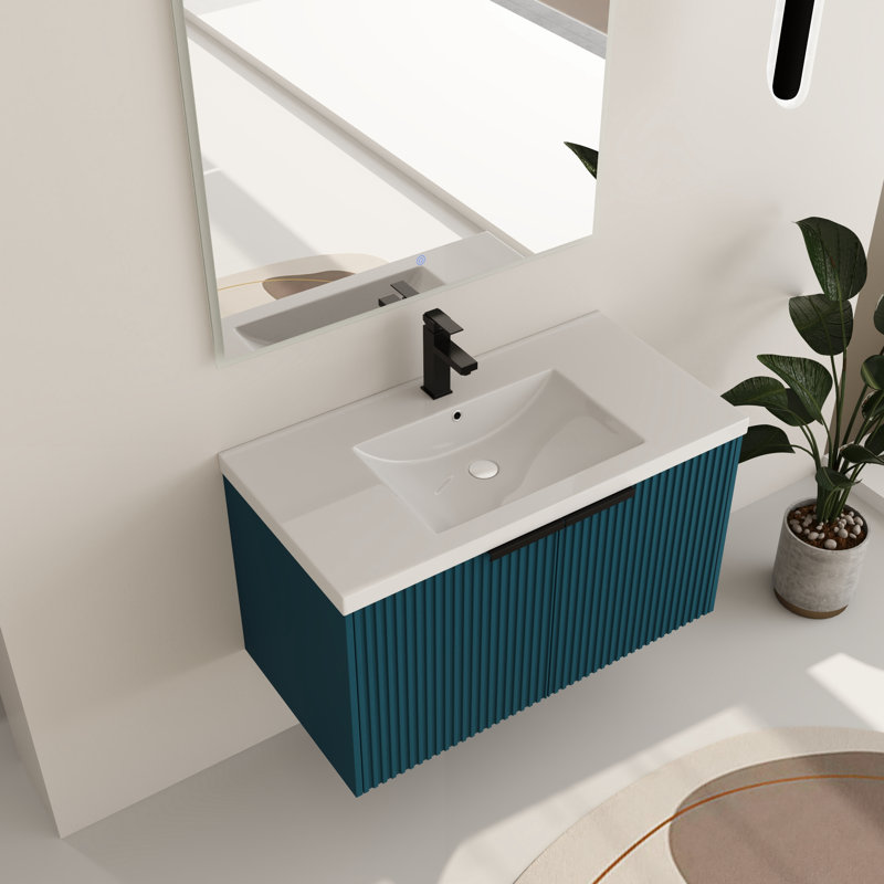 Ensemble de meuble-lavabo simple 36 po avec plateau en résine Larchdale, Bleu lac / noir mat, 36"