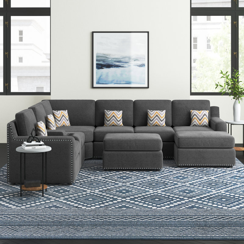 Astare Upholstered L-Shaped Sectional Reversible, Dark Gray Polyester Blend