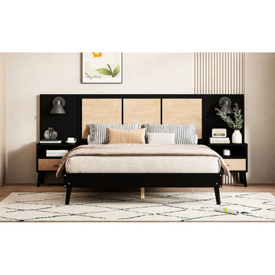 Black Queen Solid Wood Bed With 2 Nightstands And Built-In Lamps, Blend For A Relaxed Bedroom Feeling Frame Lamps. Stable Construction,