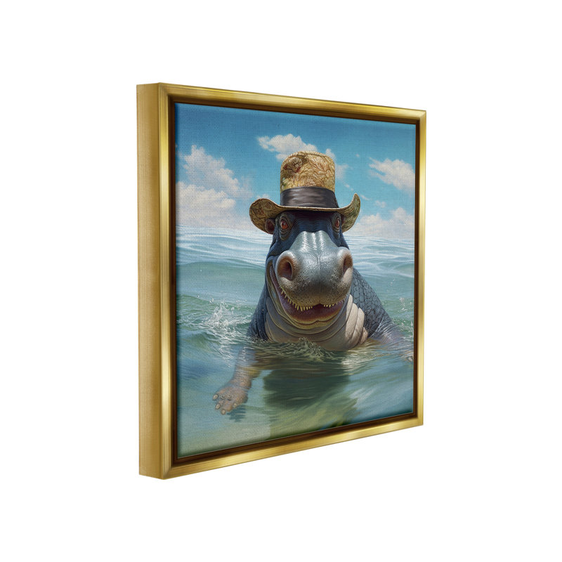 «Hippo with Trendy Hat» par Lazar Studio sur toile, Cadre flottant métallique doré, H 25 po x l 25 po