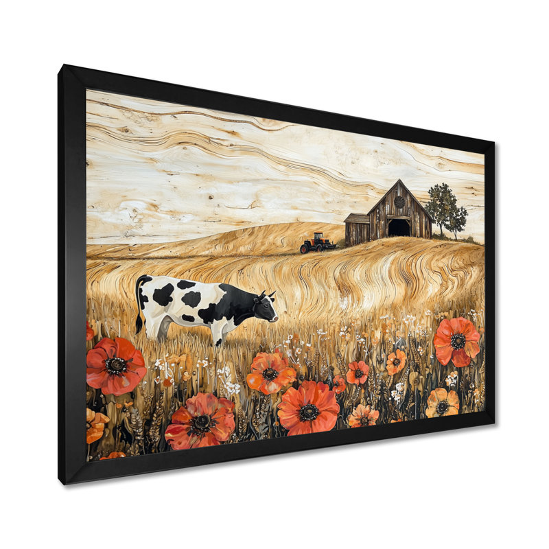Paysage de coquelicots et vache et la grange II - coquelicots, art mural, H 12 po x l 20 po, Cadre simple noir