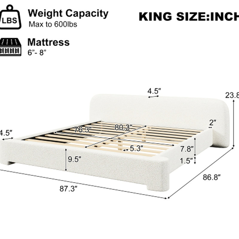 Cozy King White Boucle Bed, High - Quality Upholstery Material, Wood Frame, Easy Assembly Upholstered Ideal For Any Bedroom, Comfortable Surface, Stable Structure