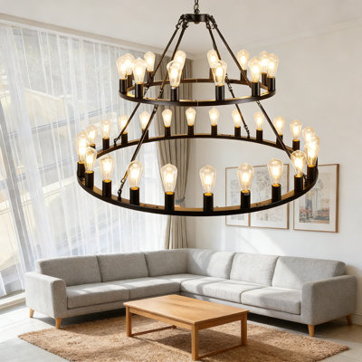 Lustre à roulettes de style campagnard industriel à très grande échelle, luminaire suspendu rustique à 2 niveaux de 48 pouces avec 36 lumières pour plafonds hauts dans le salon ou le vestibule