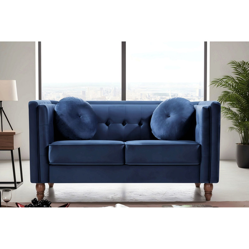 Canapé 2 places Chesterfield, Velours bleu foncé