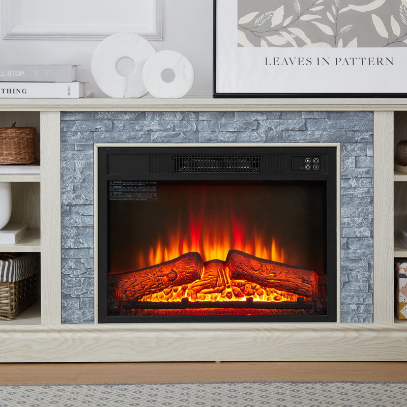Mantel Electric Fireplace Stone TV Media Stand With Faux Stacked Stone Surround, Modern Entertainment Console With Open Storage Space With 18" Fireplace Insert ,58.31"W*15.39"D*26.06"H