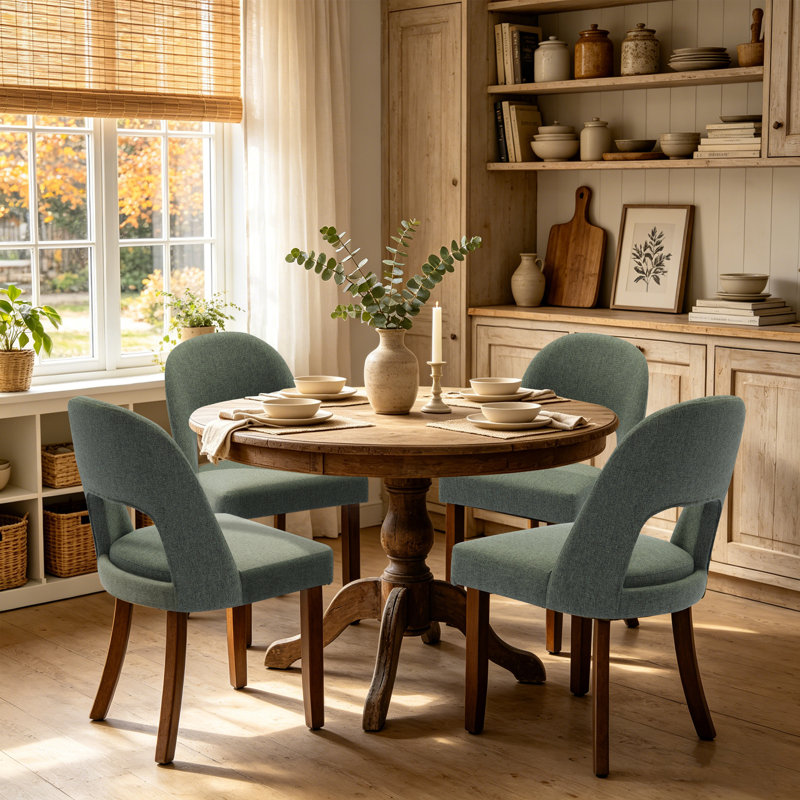 Chaises de salle à manger rembourrées en tissu moderne avec dossier haut incurvé et pieds en bois massif, Vert / Bois, 4