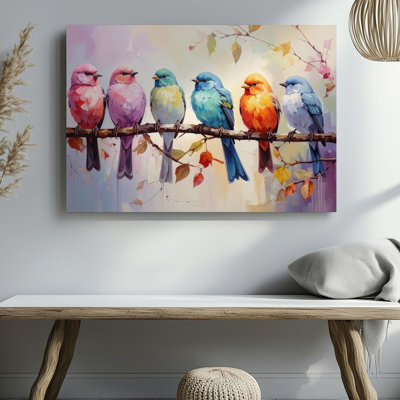 Wall Art Ten Birds On A Branch Canvassoft Pastel Nature Illustration Canvas Ready To Hang Gallery Wrapped Home Decor Modern Design