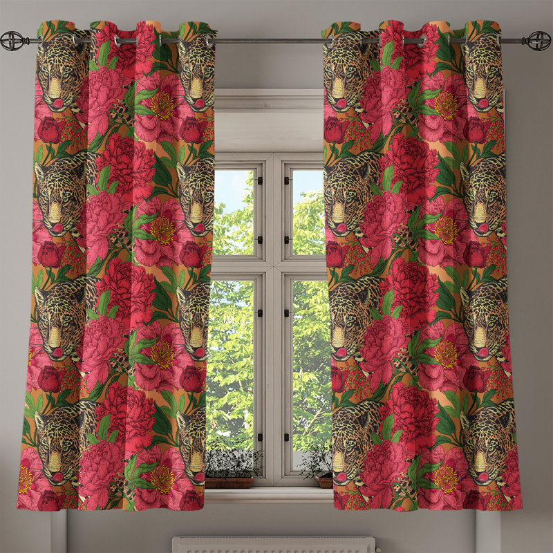 Dakota Fields Animals Grommet Curtain Tropical Leopard Floral Art 50" x 63" Pale Mustard and Pale Pink, 50" W x 63" L