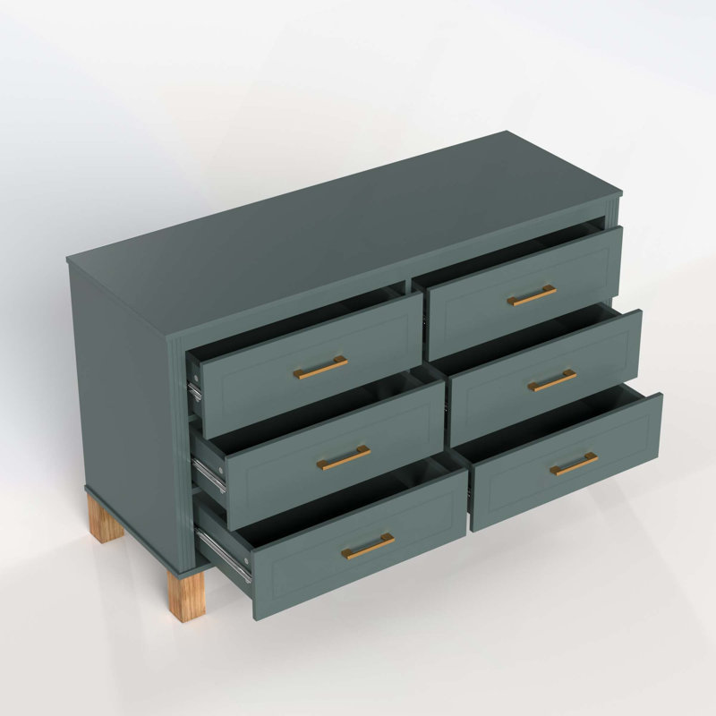 Commode de rangement moderne à 6 tiroirs avec poignées en métal et pieds en bois massif pour chambre d'enfant, Bleu