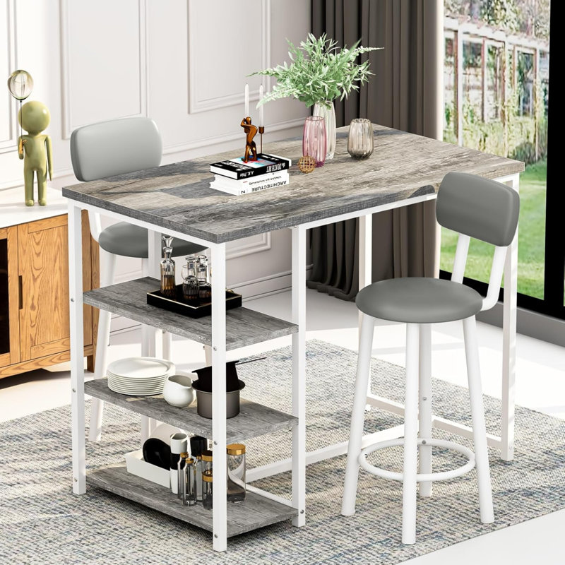Bar Table Set For 2, 3 Piece Bar Table Set, Bar Table And Chairs Set With PU Upholstery Stool And 3 Open Storage Shelves, Pub Table Set For Small Space And Kitchen, Black