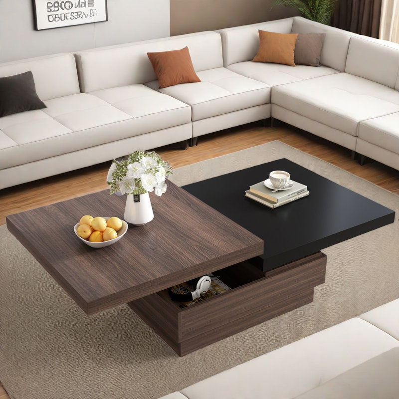 Mohite Modern Square Coffee Table with Rotatable Top, Two Colors Matching and 1 Hidden Storage Space, Black/Brown