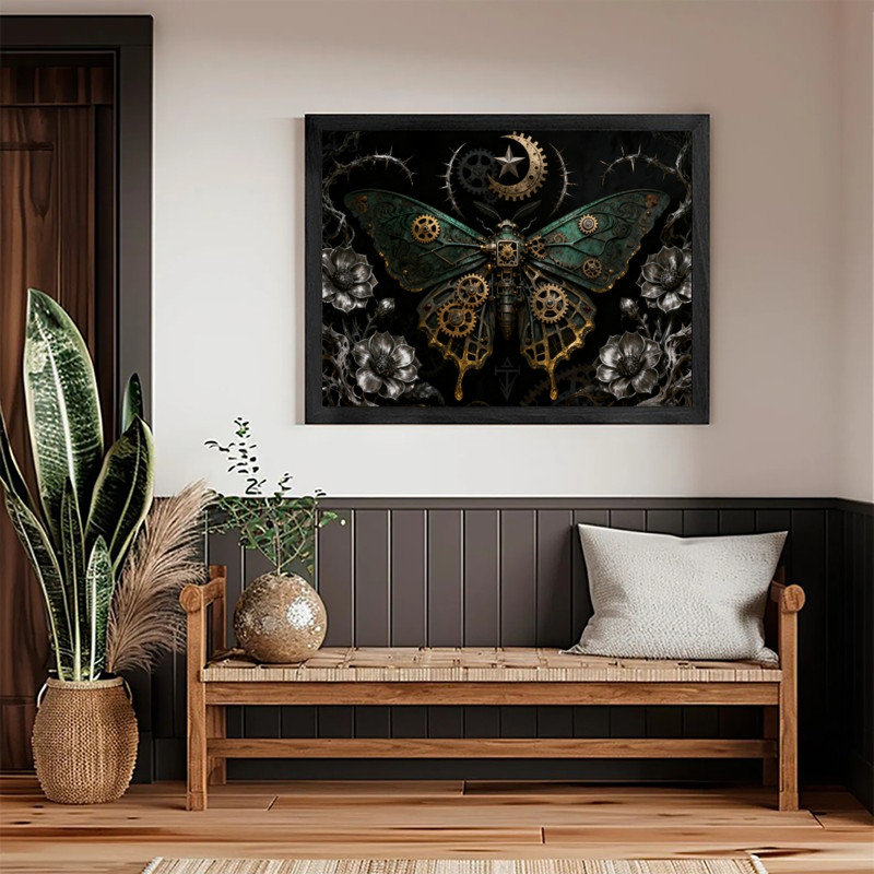 Papillon noir Steampunk noir et art floral mécanique, impressions rétro gothique industrielle fantaisie, H 9 po x l 11 po