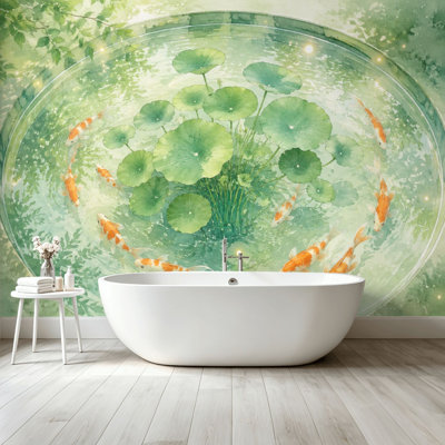 Peel and Stick Wallpaper Wall Mural Koi Fish Pond Lotus Leaves Serene Green Watercolor Style Wall Art Self Adhesive and Removable