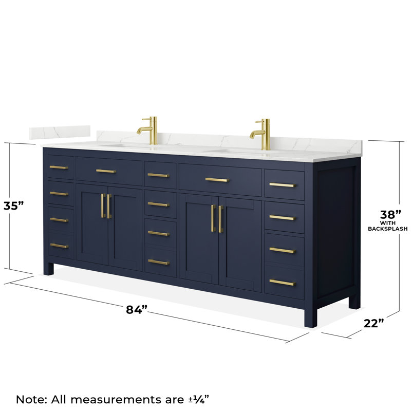 Beckett 84" Freestanding Double Bathroom Vanity with Quartz Top, Dark Blue, Brushed Gold, Giotto Quartz