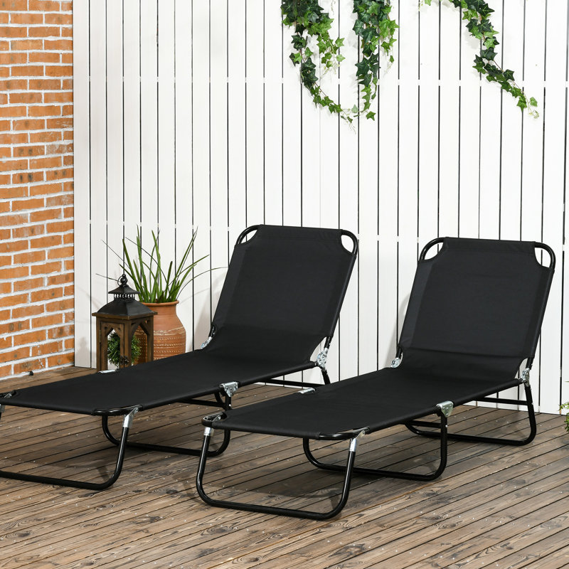 Chaises longues pliantes pour la plage, dossier inclinable à 5 niveaux, cour de chaise longue à structure en acier, patio, bain de soleil 2 pièces noir, avec inclinaison, plage,