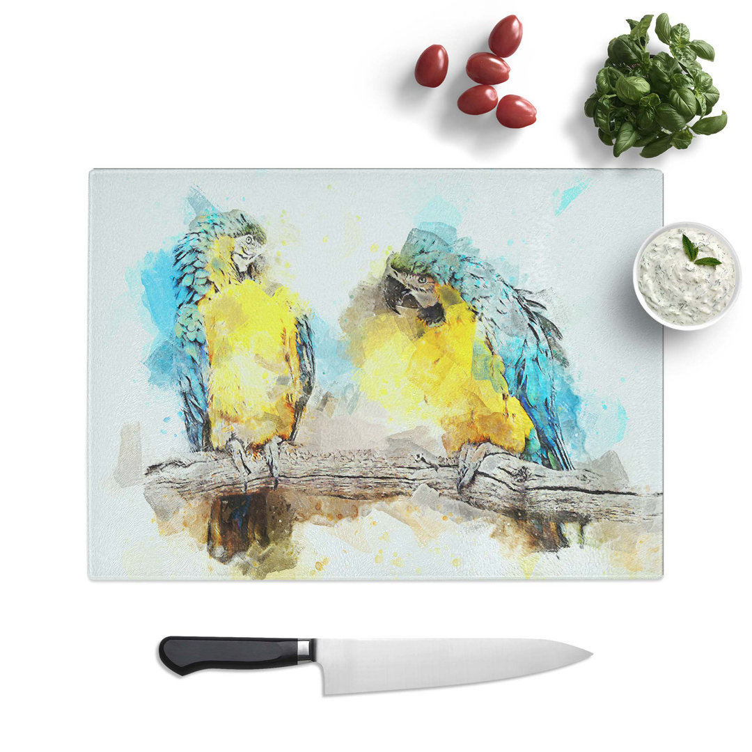 Tempered Glass Two Blue and Yellow Macaw Parrots in Abstract Chopping Board