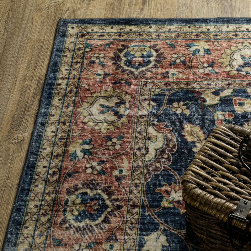 Sebastian Vintage Blue and Rust Washable 5' x 7' Area Rug