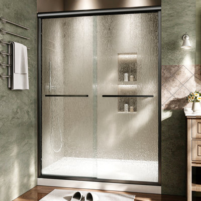 Porte de douche coulissante double semi-sans cadre l 56 à 60 po x H 72 po avec verre trempé nano 1/4 po (6 mm), cadre en aluminium, finition noir mat