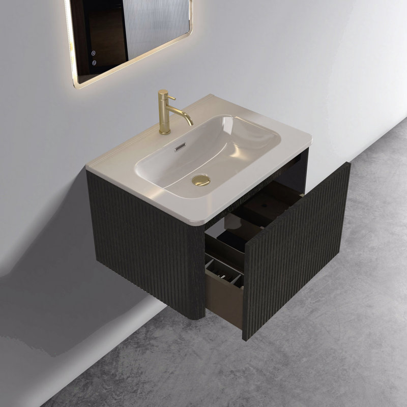 Meuble-lavabo flottant rayé 24 po en chêne noir brossé avec lavabo en céramique blanche, lavabo une pièce sans drain, salle de bain moderne