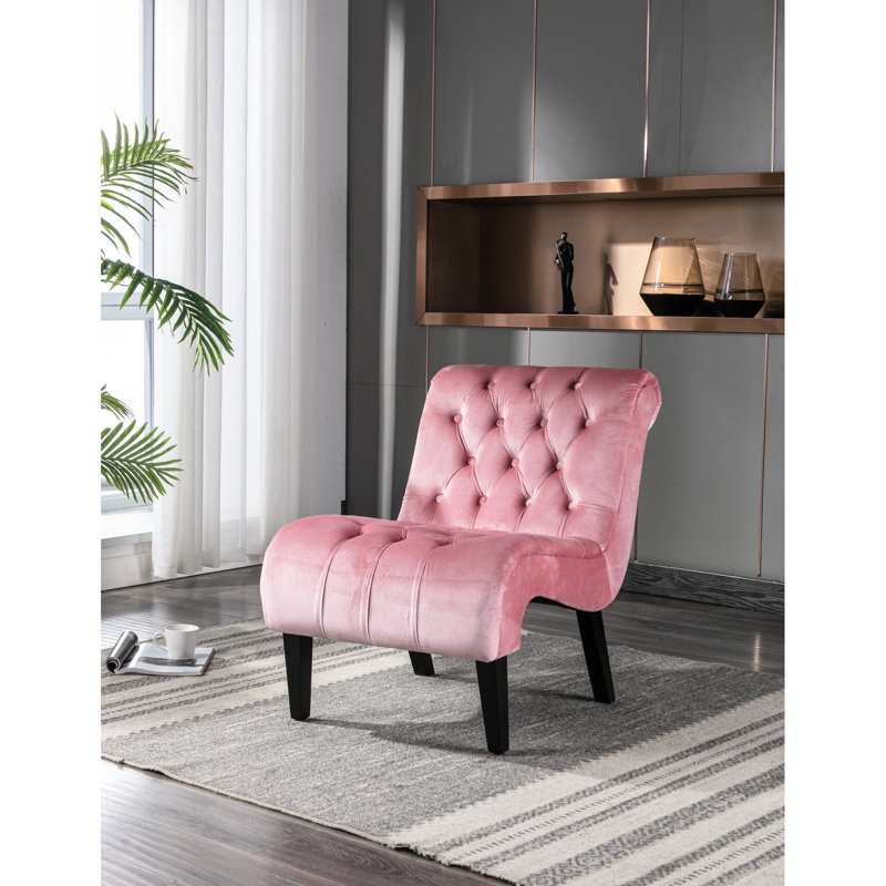 Chaise d'appoint moderne en velours rose avec pieds en bois - Bureau confortable en mousse épaisse pour la chambre à coucher