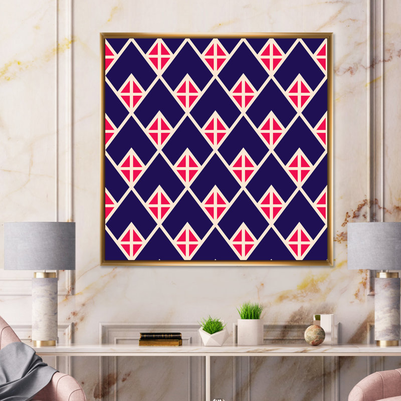 Chevron géométrique rouge et bleu - Impression sur toile, Cadre flottant doré, H 16 po x l 16 po