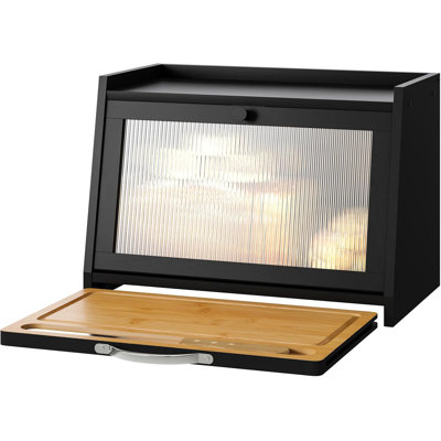 Boîte à pain avec planche à découper, boîte à pain en bambou pour comptoir de cuisine, contenant à pain avec porte transparente en acrylique ondulé (noir)