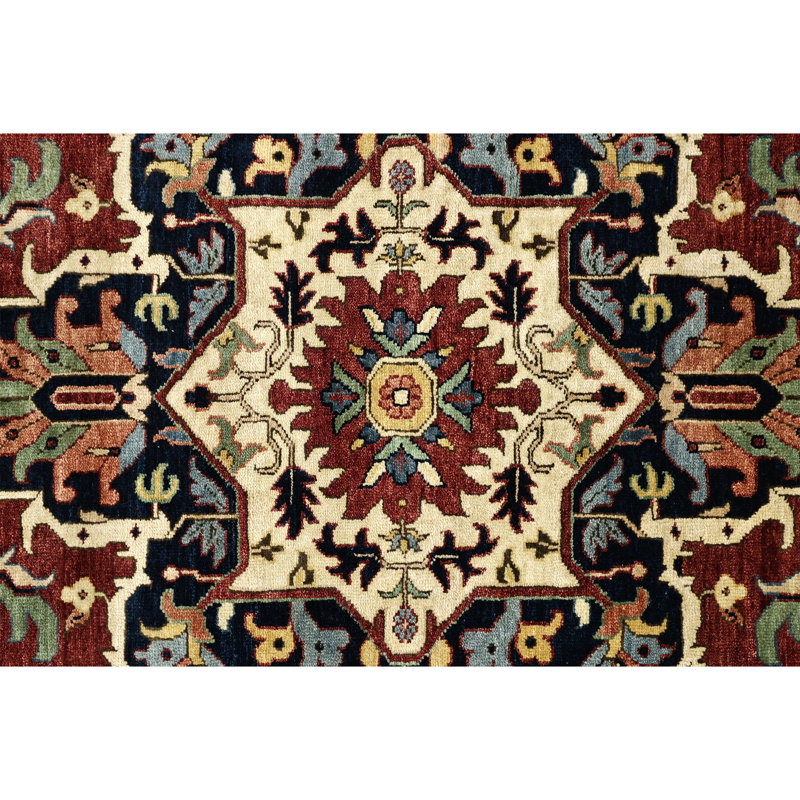 High-Quality Hand-Knotted Red And Blue Area Rug, Rectangle 5' x 8'