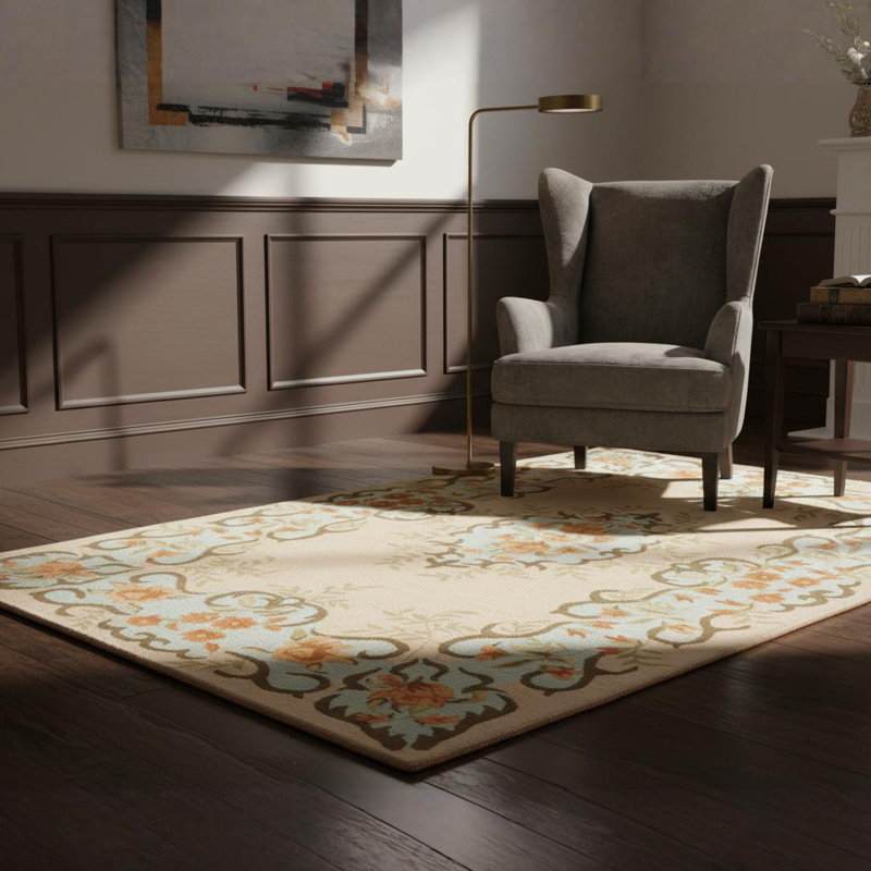 Mccalla Authentic Hand-Tufted Handmade Beige, Cream, Blue, Orange, Green & Brown Floral Damask Oriental Wool Area Rug