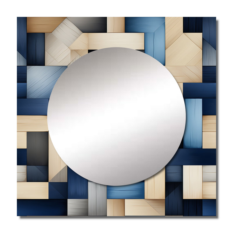 Beige et bleu à rayures Symmetry I - miroir carré moderne pour décoration murale, 36 po x 36 po
