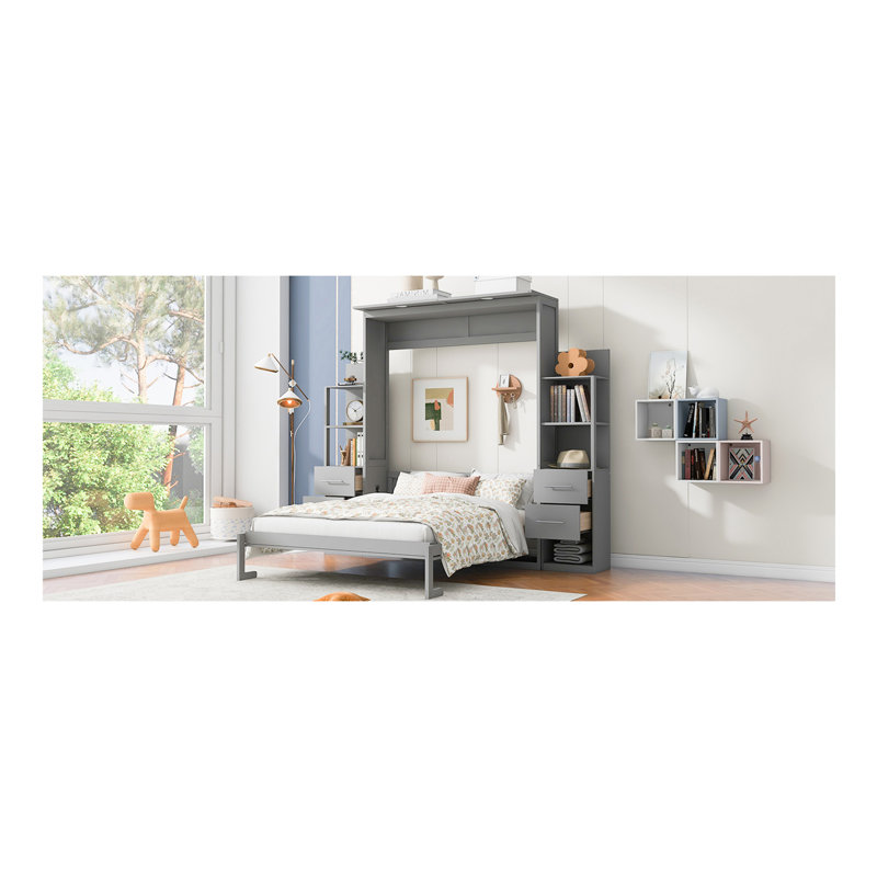 Grand lit escamotable mural avec tablettes, tiroirs et lumières DEL, Gris