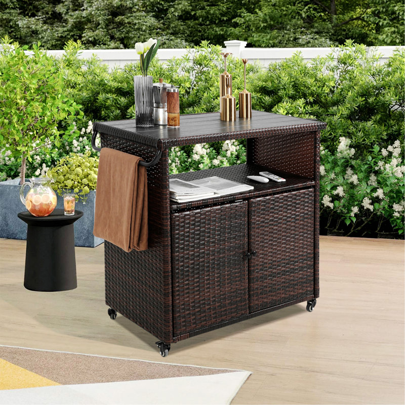 Outdoor Wicker Bar Cart,Glass Top With Practical and Versatile, Brown