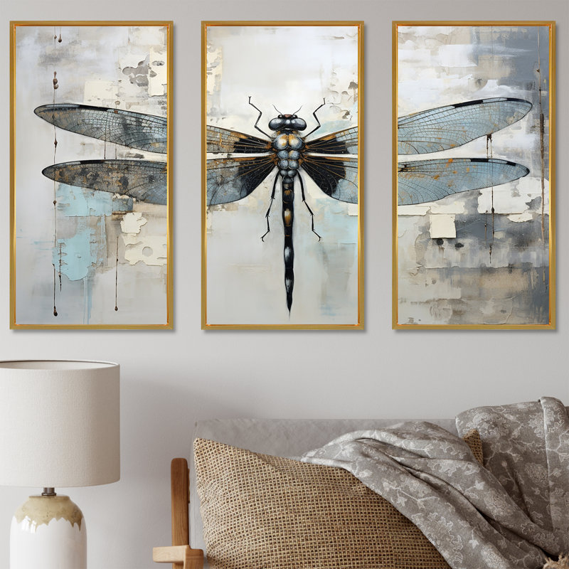 «Dragonfly Delight IV», ensemble d'art sur toile, Cadre flottant doré, H 32 po x l 48 po